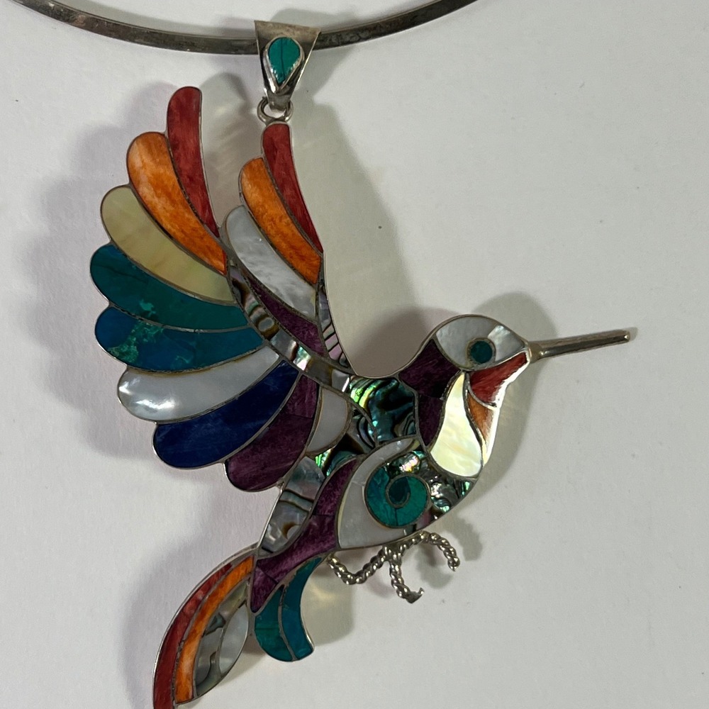 Vtg Peruvian 950 Sterling Silver Gemstone Inlay Hummingbird PendantNecklace Flaw